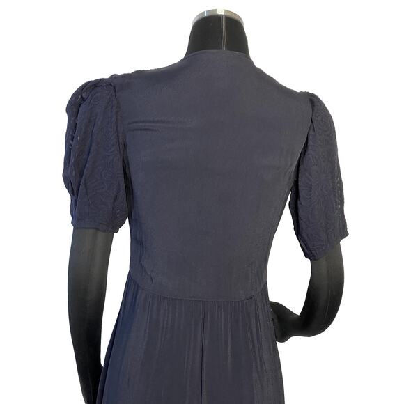 Vintage 1930s Navy Blue Dress with Burnout Sheer Sleeves -Size 4 Movie Star Glam - Picture 3 of 16